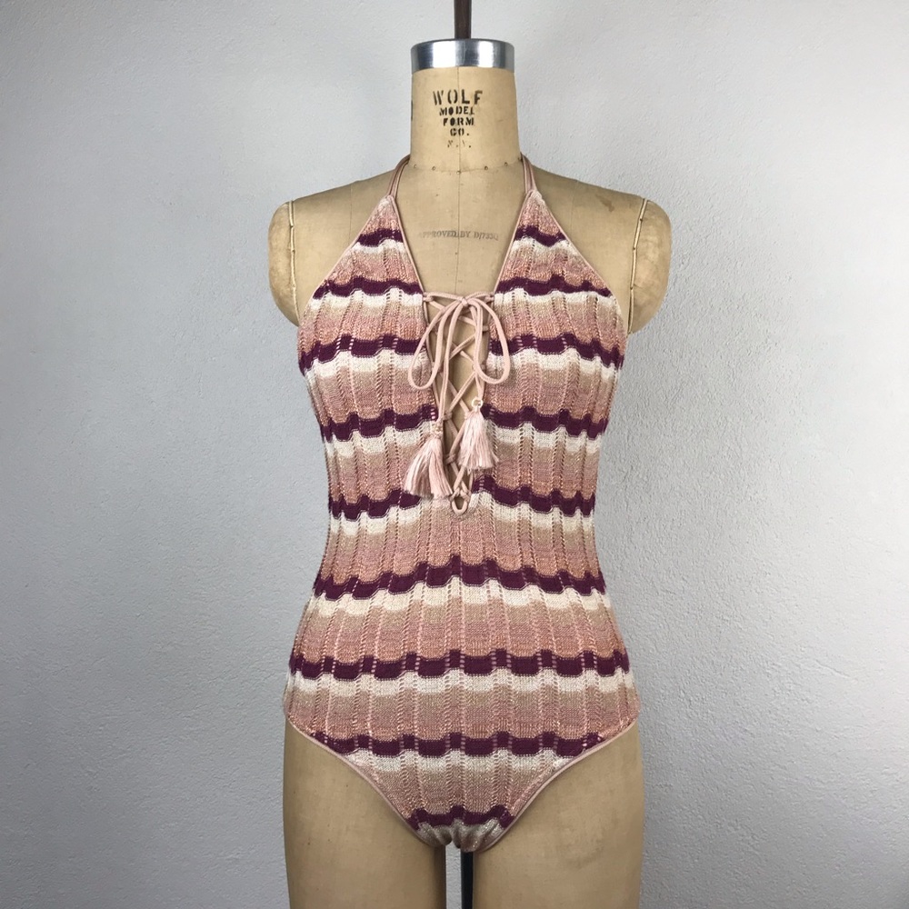 SUBOO l M Boho Ombré Metallic Zig-Zag Knit Lace-up Tassel Tie One Piece Swimsuit